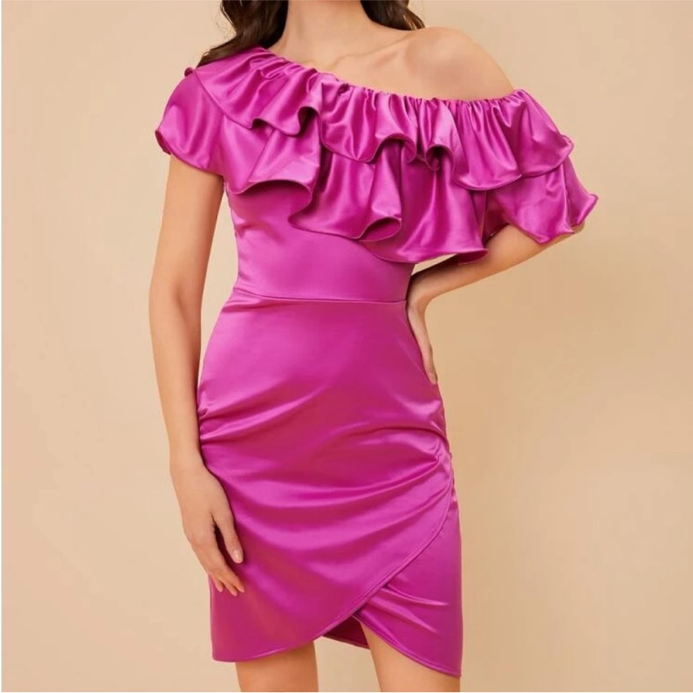 Pink Asymmetrical Neck Ruffle Trim Dress